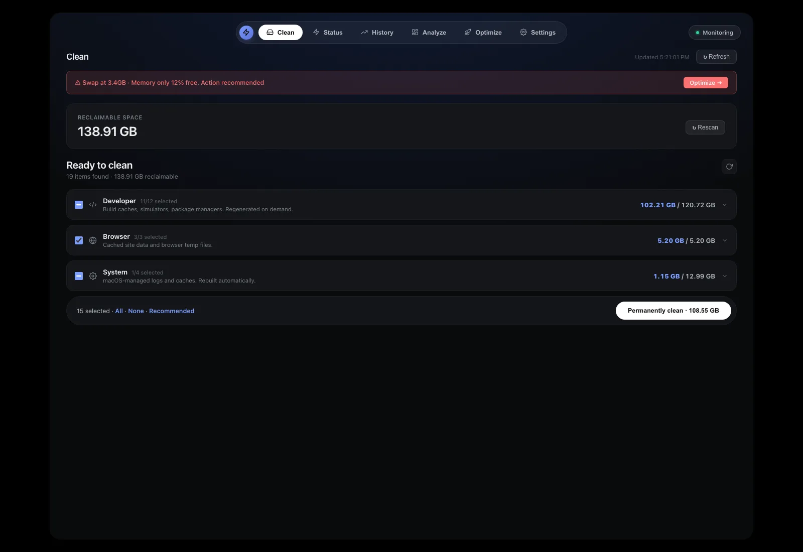 The Clean tab showing 138.91 GB reclaimable across 19 items, grouped into Developer at 102.21 GB, Browser at 5.20 GB and System at 1.15 GB.