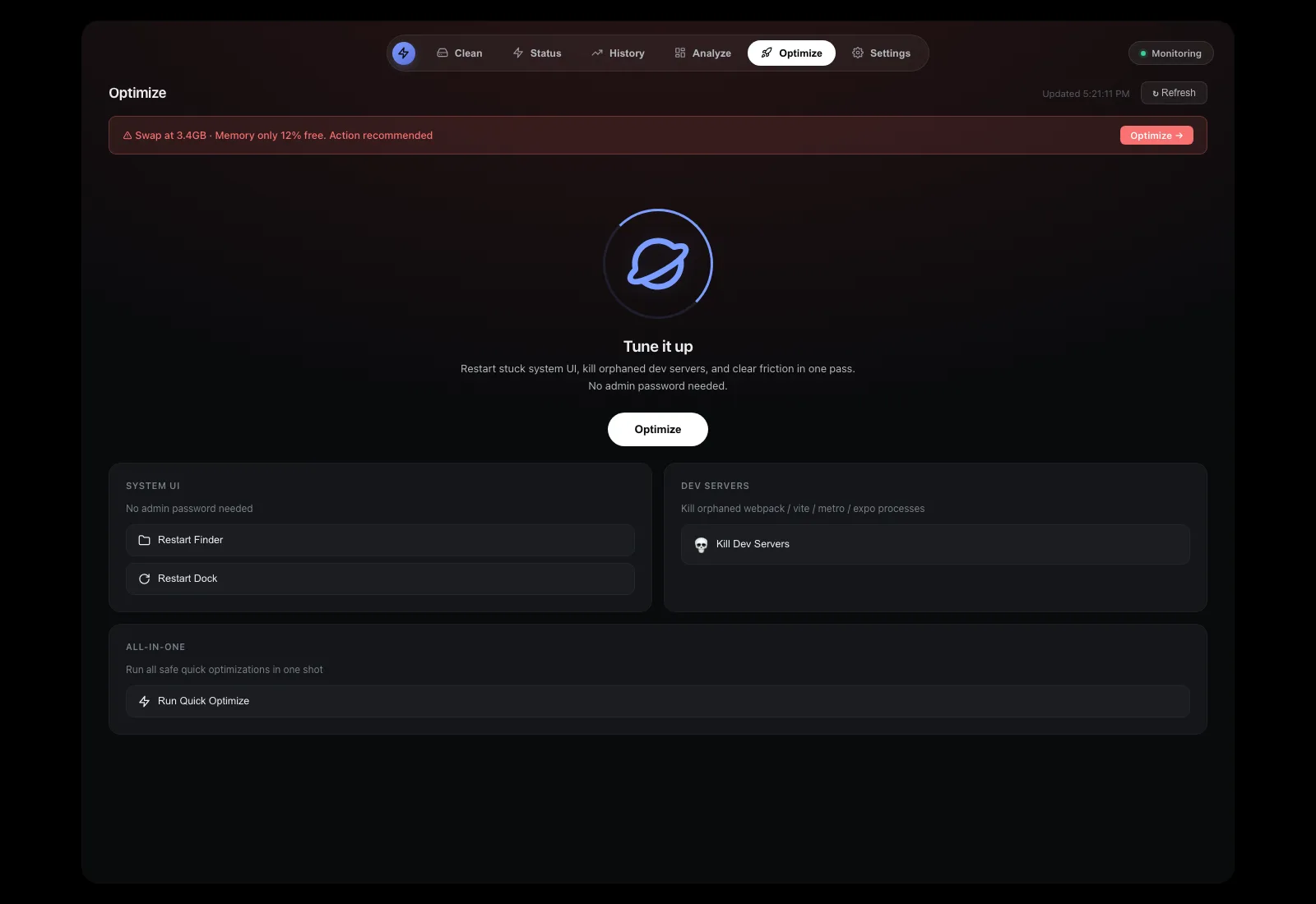 The Optimize tab with one click actions such as purge memory, restart Finder, restart Dock and empty trash.