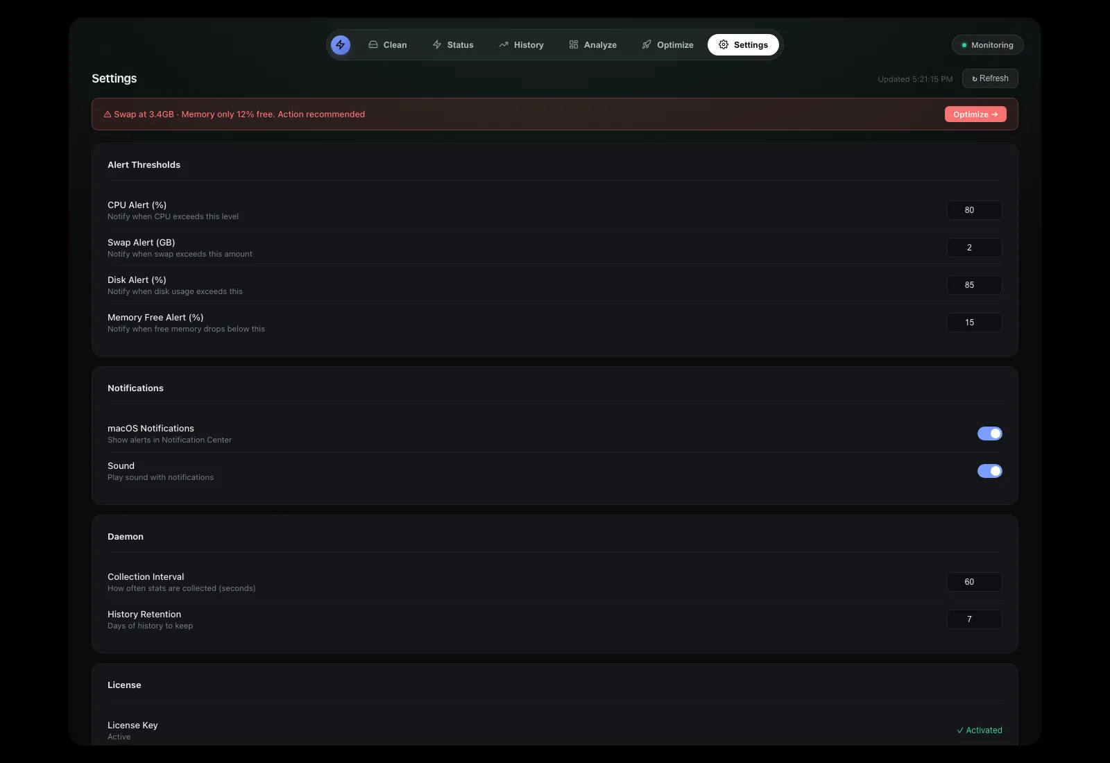 The Settings tab showing monitoring interval, retention window, alert thresholds and theme options.